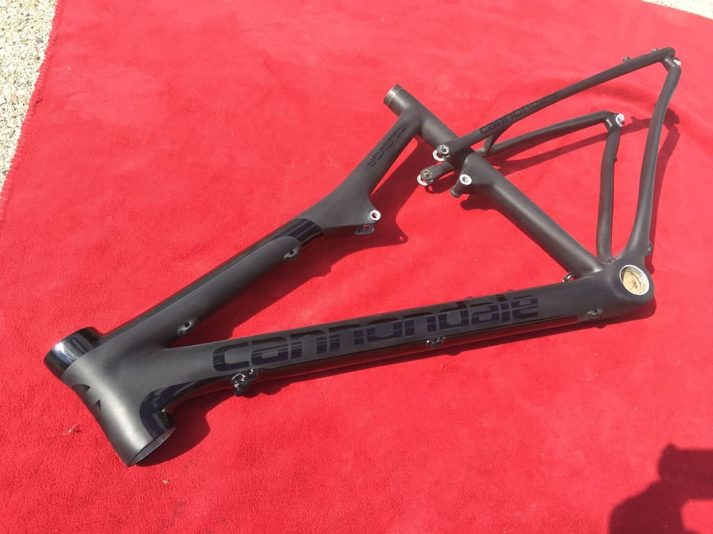 Cannondale Scalpel mountain bike frame refinished in matte black with reproduced factory decals.