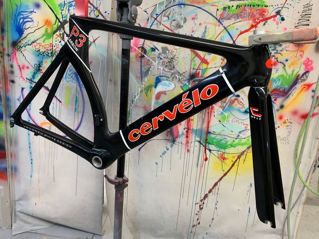 Cervelo P3 Carbon time trial frame refinished in gloss black with red "cervelo" lettering reproduced on the down tube.