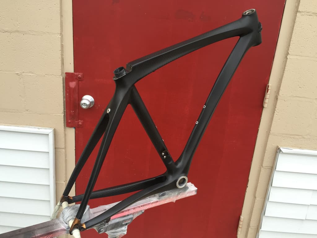 Frame finished in a clear-coated raw carbon weave rather than a painted color, showing the fiber pattern through the gloss clear coat.