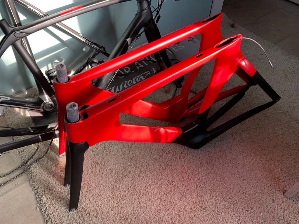 Wilier road frame refinished in red and black.